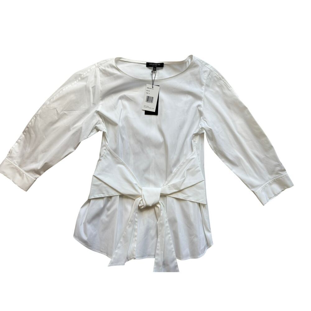 Lafayette 148 New York Wixton Blouse White Tie Puff Sleeve Top NWT 4 Small